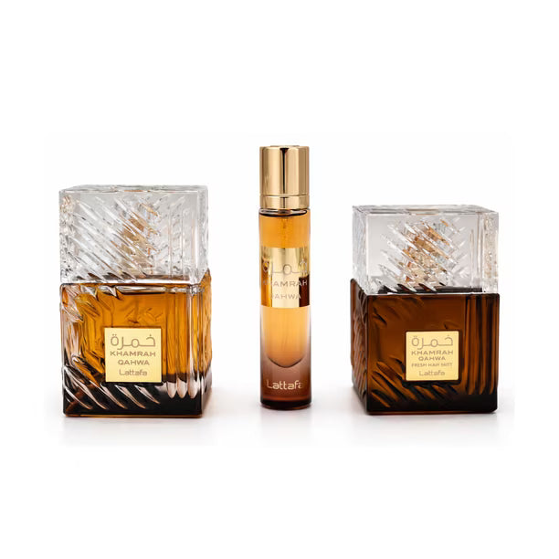 Estuche Lattafa Khamrah Qahwa EDP 100 ml para Hombre (3 piezas)