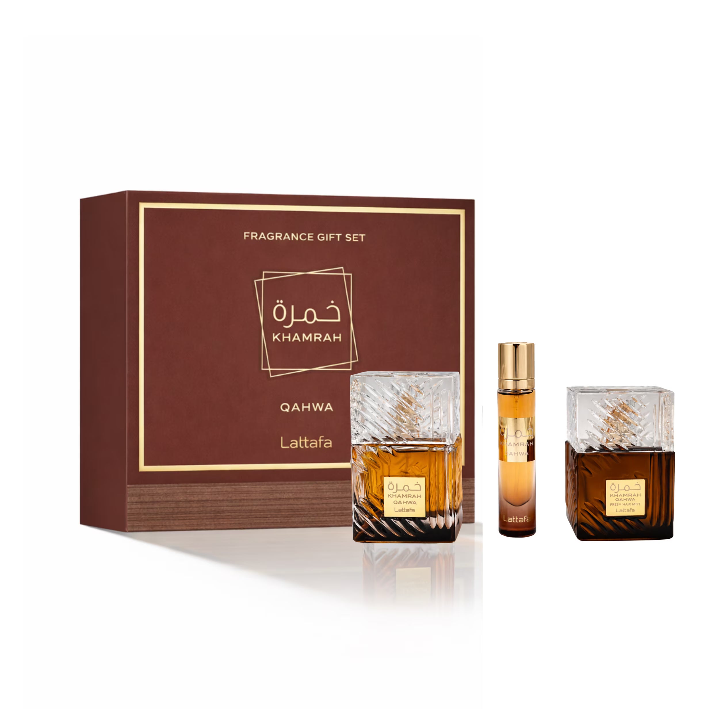Estuche Lattafa Khamrah Qahwa EDP 100 ml para Hombre (3 piezas)