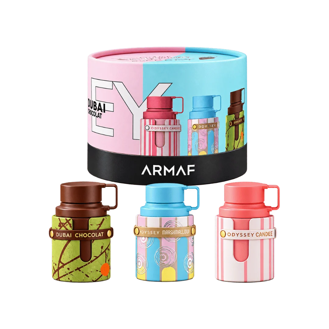 Estuche de Miniaturas Armaf Odyssey Candee Marshmellow, Choco Wheel EDP Unisex (3 piezas)