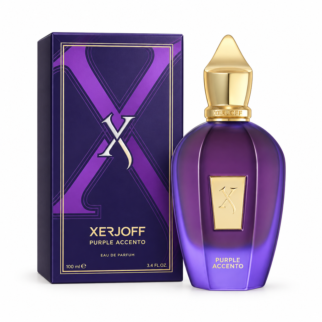 Xerjoff Purple Accento de 100 ml con su caja cerrada y frasco sobre fondo blanco