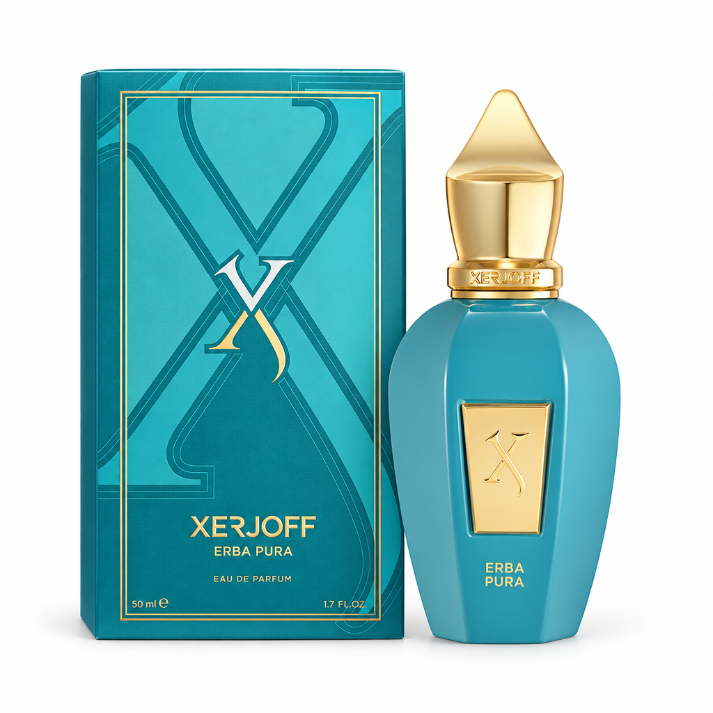Xerjoff Erba Pura de 50 ml con caja cerrada y frasco sobre fondo blanco