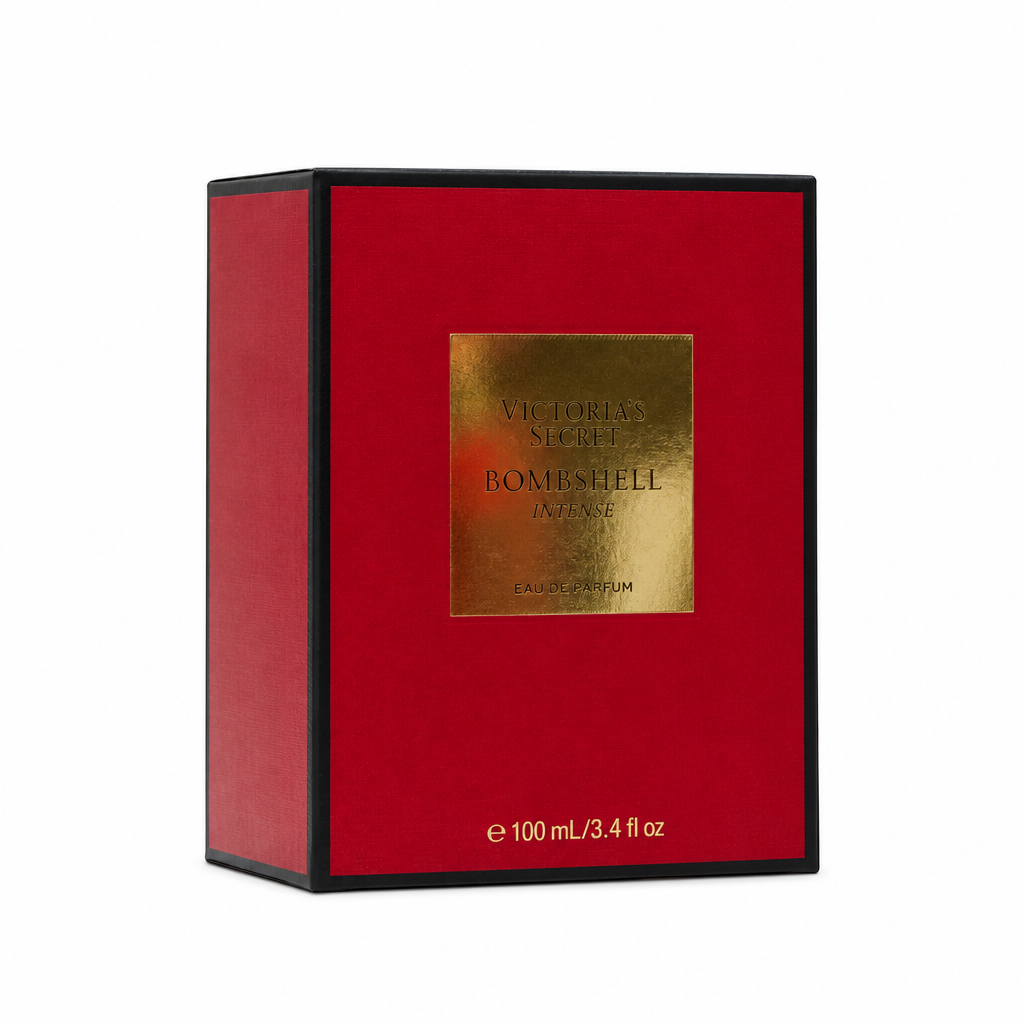 Caja de Victoria’s Secret Bombshell Intense Eau de Parfum 100 ml con lateral visible sobre blanco