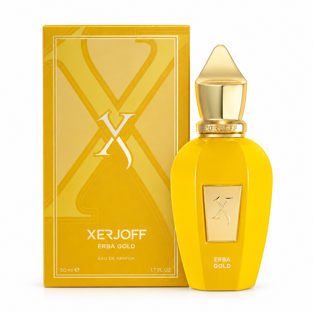 Xerjoff Erba Gold de 50 ml con caja cerrada y frasco juntos sobre fondo blanco