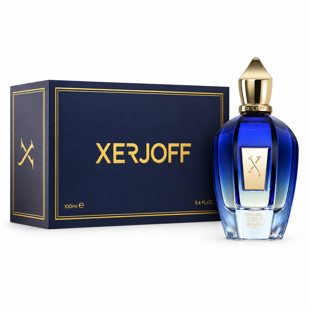 Xerjoff More Than Words de 100 ml, caja cerrada mostrando el lateral izquierdo y frasco a la derecha sobre fondo blanco
