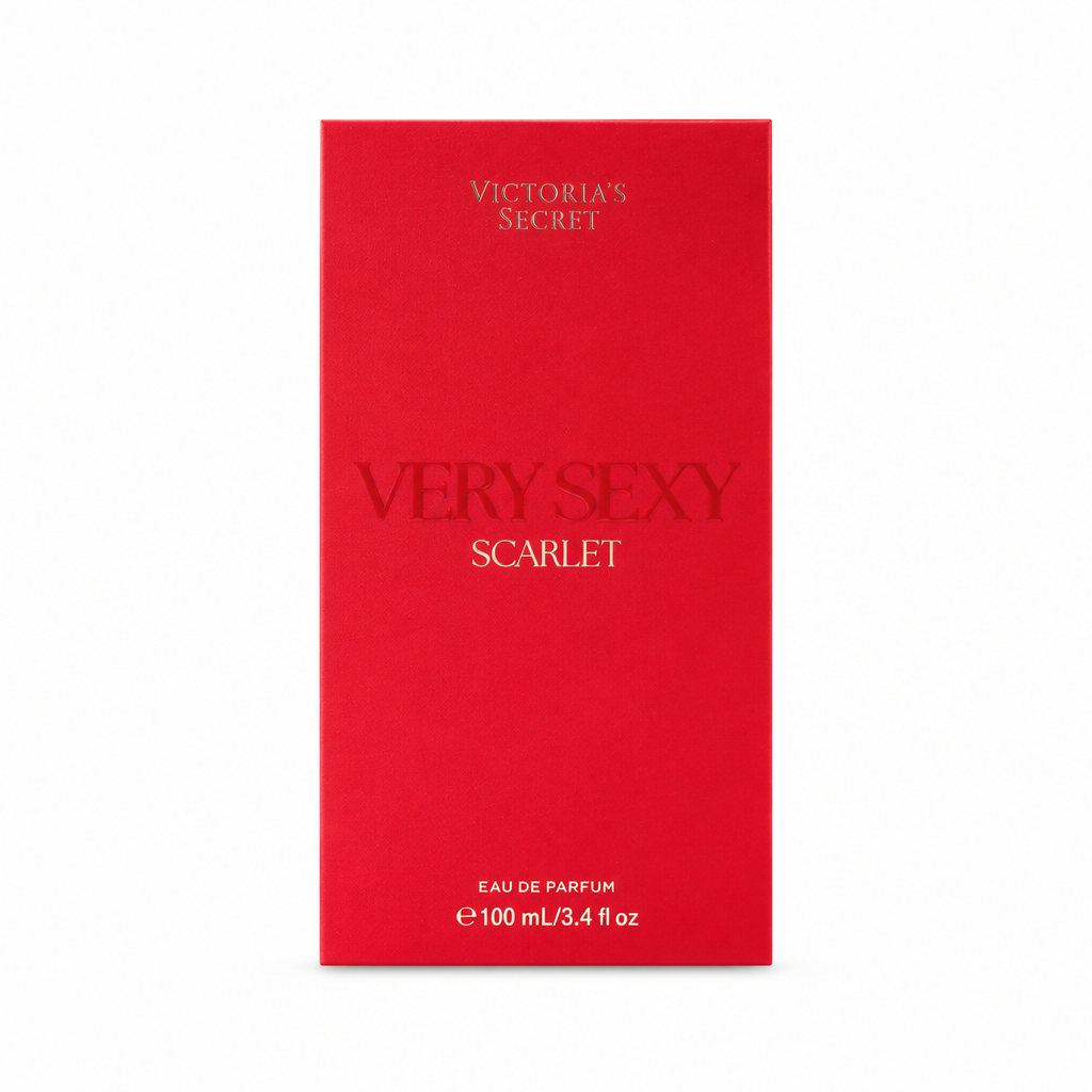 Caja frontal de Victoria’s Secret Very Sexy Scarlet Eau de Parfum 100 ml sobre fondo blanco