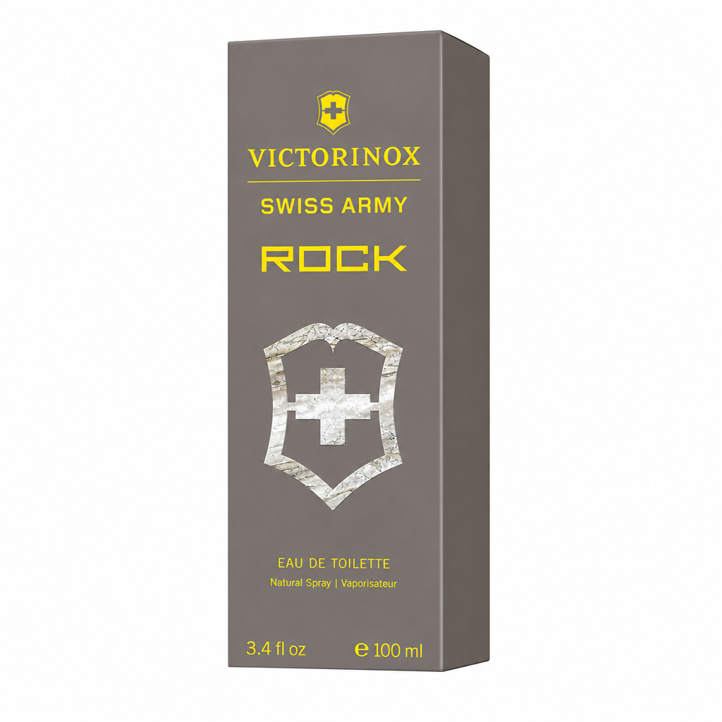 Caja de Victorinox Swiss Army Rock EDT 100 ml sobre fondo blanco