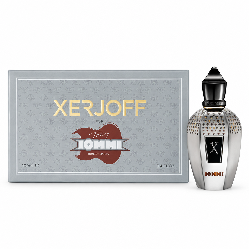 Xerjoff Tony Iommi Monkey Special 100 ml, caja cerrada horizontal y frasco sobre blanco