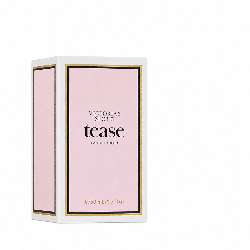Caja de Victoria's Secret Tease Eau de Parfum 50 ml / 1.7 oz sobre fondo blanco, con reconstrucción de la zona oculta por el frasco