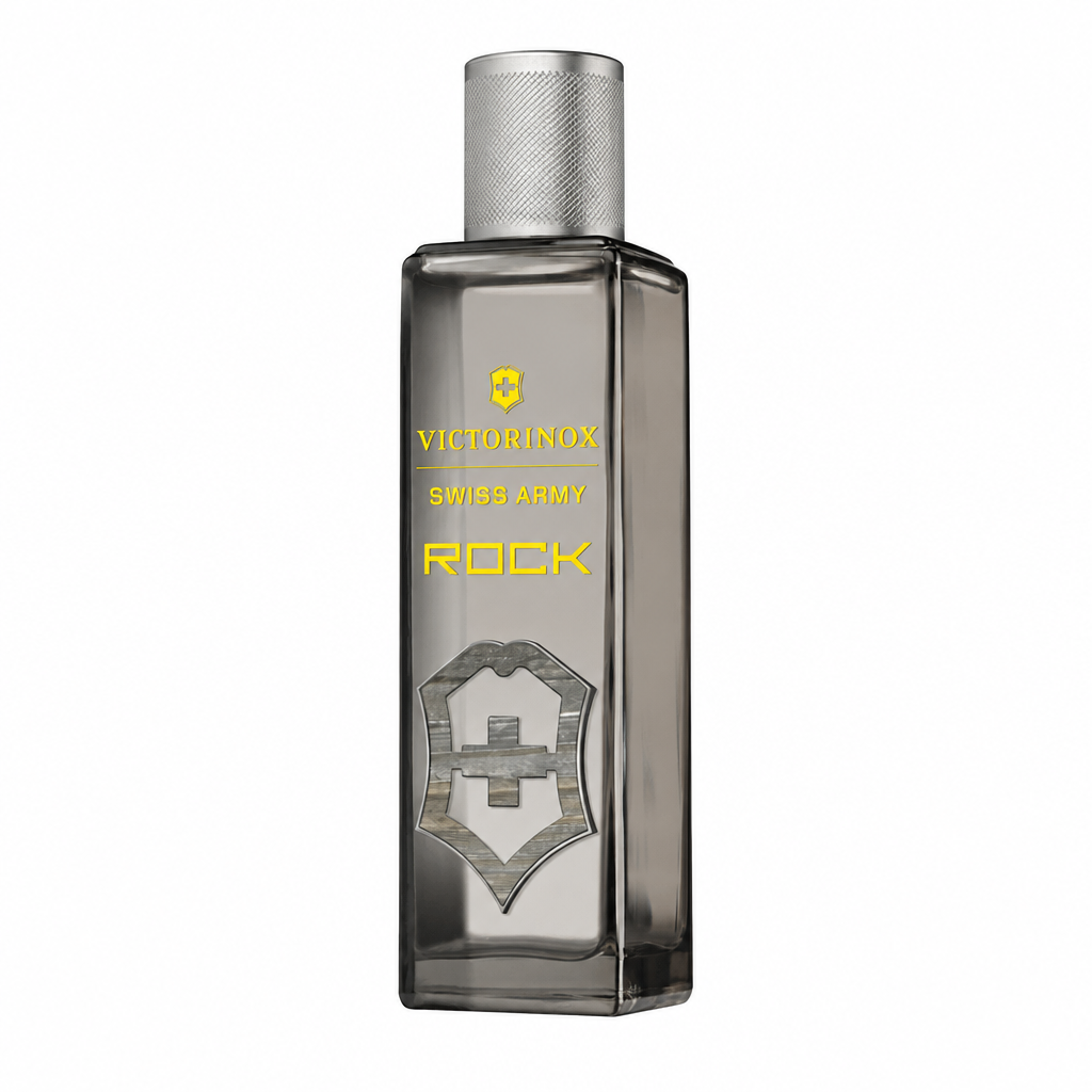 Victorinox Swiss Army Rock, frasco de tapa plateada sobre fondo blanco