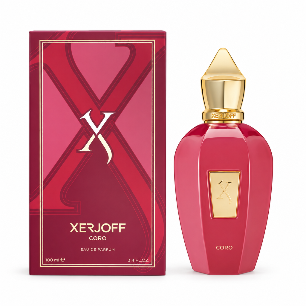 Xerjoff Coro Eau de Parfum de 100 ml, caja y frasco juntos sobre fondo blanco