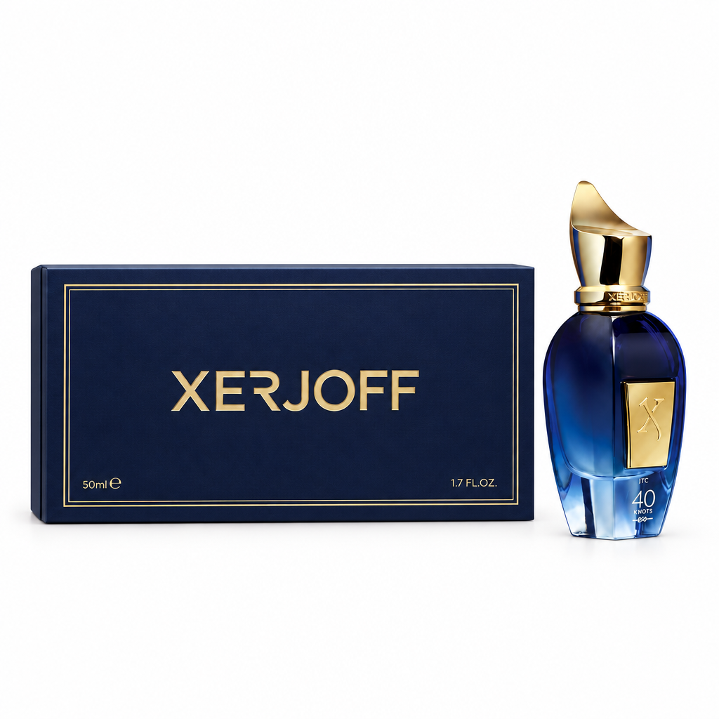 Xerjoff 40 Knots de 50 ml con caja acostada grande y frasco en vista de tres cuartos sobre fondo blanco