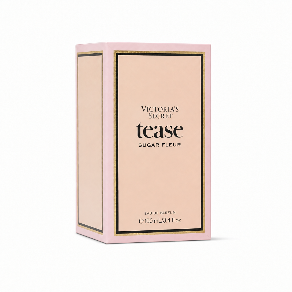 Caja de Victoria's Secret Tease Sugar Fleur 100 ml sobre fondo blanco, con franja dorada de textura uniforme