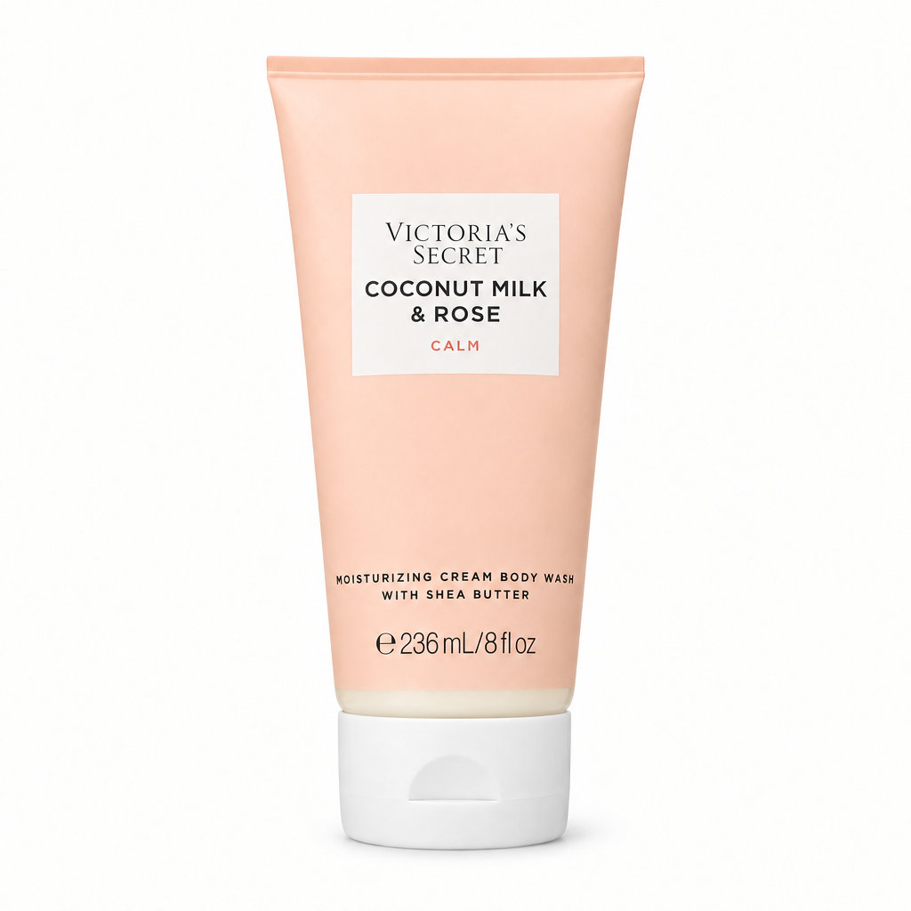 Jabón corporal Victoria's Secret Coconut Milk & Rose 236 ml sobre blanco, vista frontal con sellado superior liso sin estrías