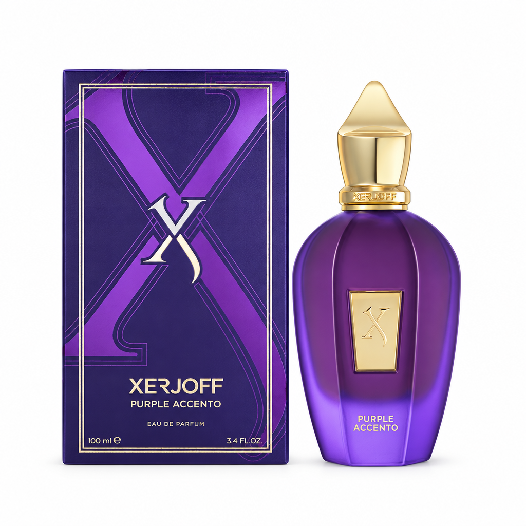 Xerjoff Purple Accento de 100 ml, caja cerrada y frasco juntos sobre fondo blanco
