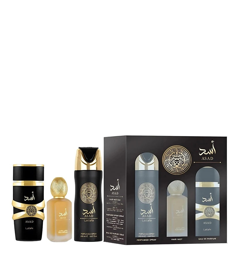 Estuche Lattafa Asad EDP 100 ml para Hombre (3 piezas)